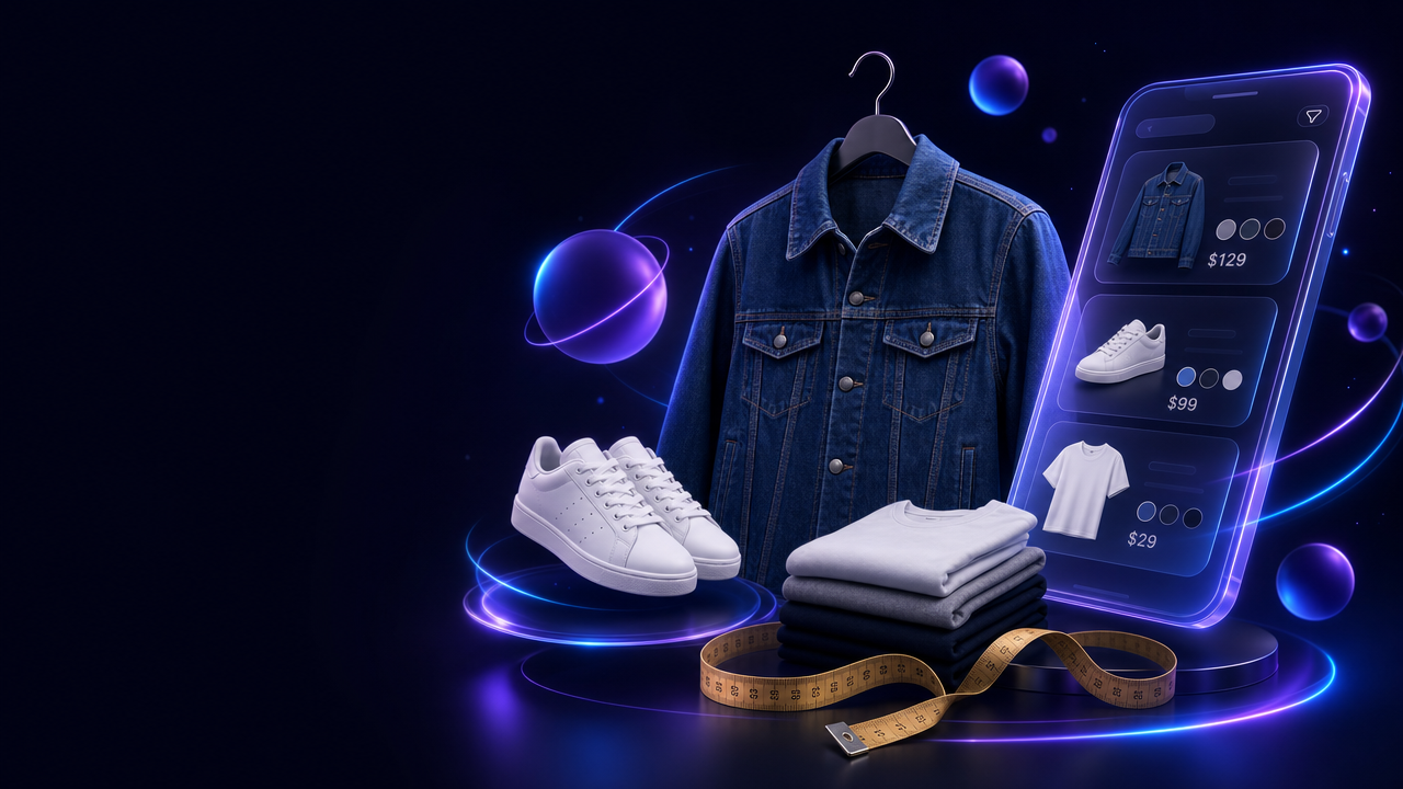 Catalogue mode publié sur Leboncoin — veste, baskets, mètre ruban et interface de vente